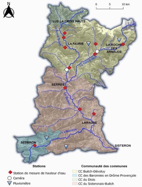 carte d'implantation des statios de mesures du débit sur le bassin versant du Buëch