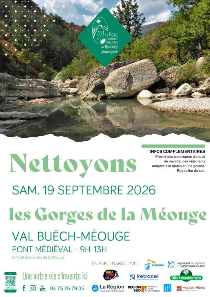 affiche de l'événement Clean Up Méouge 2026, avec une photo des gorges de la Méouge sur la moitié haute de l'affiche et les informations sur la partie basse de l'image : rendez-vous le samedi 12 septembre à 9h au pont médiéval avec des chaussures d'eau et des gants
